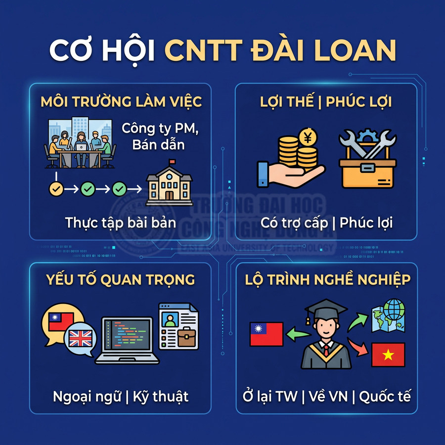 Infographic cơ hội ngành CNTT tại Đài Loan về môi trường làm việc, phúc lợi, kỹ năng và lộ trình nghề nghiệp