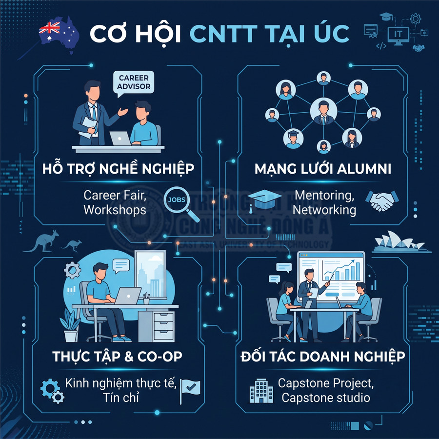 Cơ hội ngành CNTT tại Úc với hỗ trợ nghề nghiệp, mạng lưới alumni, thực tập co-op và hợp tác doanh nghiệp