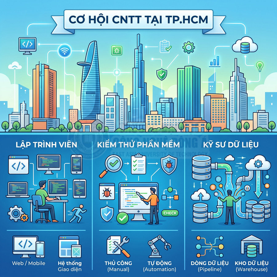 Infographic cơ hội việc làm CNTT tại TP.HCM cho lập trình viên, kiểm thử phần mềm và kỹ sư dữ liệu