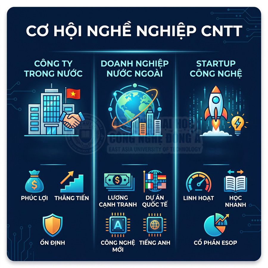 Infographic cơ hội nghề nghiệp CNTT với lựa chọn công ty trong nước, doanh nghiệp nước ngoài và startup công nghệ