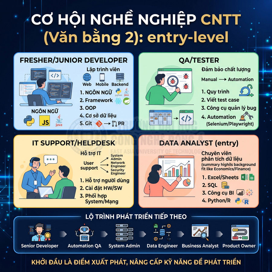 Các vị trí nghề nghiệp CNTT entry level như fresher developer, QA tester, IT support, data analyst và lộ trình phát triển