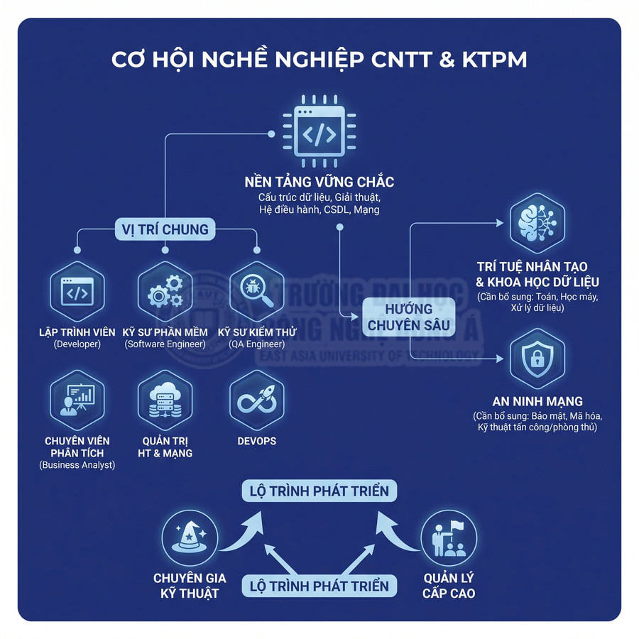 Sơ đồ cơ hội nghề nghiệp CNTT và KTPM với các vị trí lập trình viên, kỹ sư phần mềm, kiểm thử, DevOps và chuyên sâu AI, an ninh mạng
