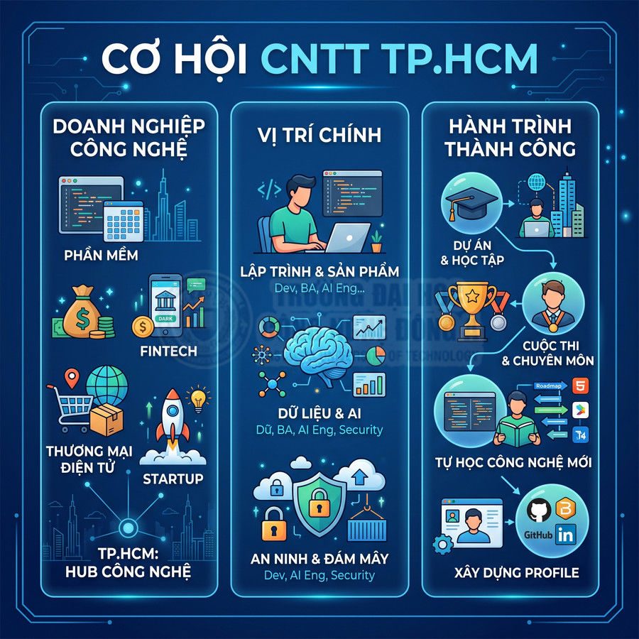 Cơ hội việc làm ngành công nghệ thông tin tại TP HCM với các vị trí lập trình, dữ liệu, an ninh mạng và lộ trình phát triển