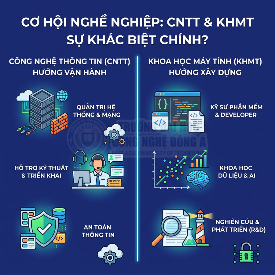 Infographic so sánh cơ hội nghề nghiệp ngành Công nghệ thông tin và Khoa học máy tính, các hướng việc làm tiêu biểu