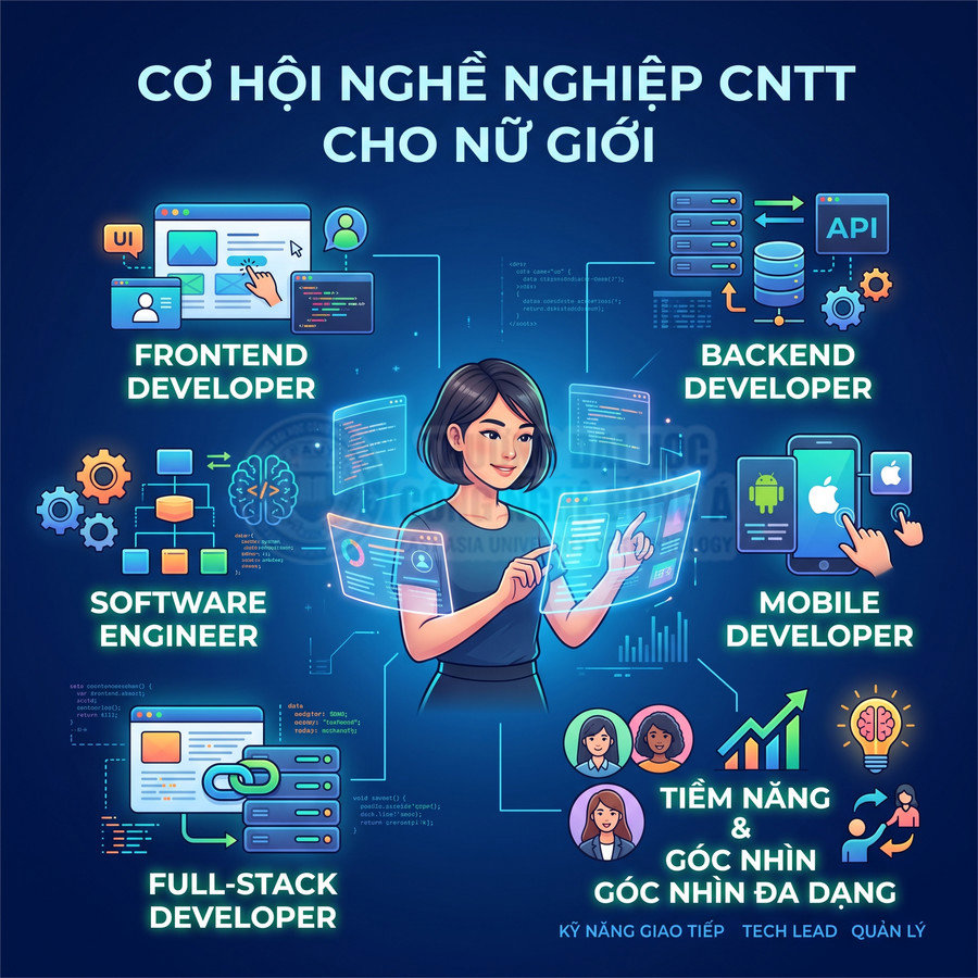 Cơ hội nghề nghiệp CNTT cho nữ giới với các vị trí frontend, backend, mobile, full stack và software engineer