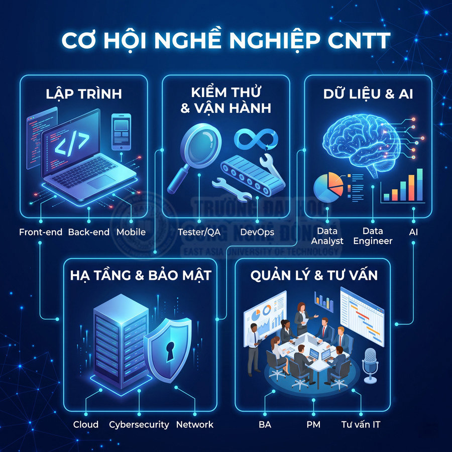 Các nhóm nghề nghiệp ngành CNTT gồm lập trình, kiểm thử, dữ liệu AI, hạ tầng bảo mật, quản lý và tư vấn
