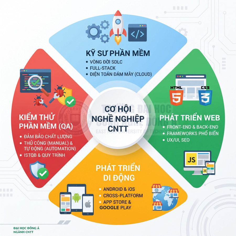 Infographic cơ hội nghề nghiệp ngành CNTT với các mảng kỹ sư phần mềm, kiểm thử, phát triển web và phát triển di động