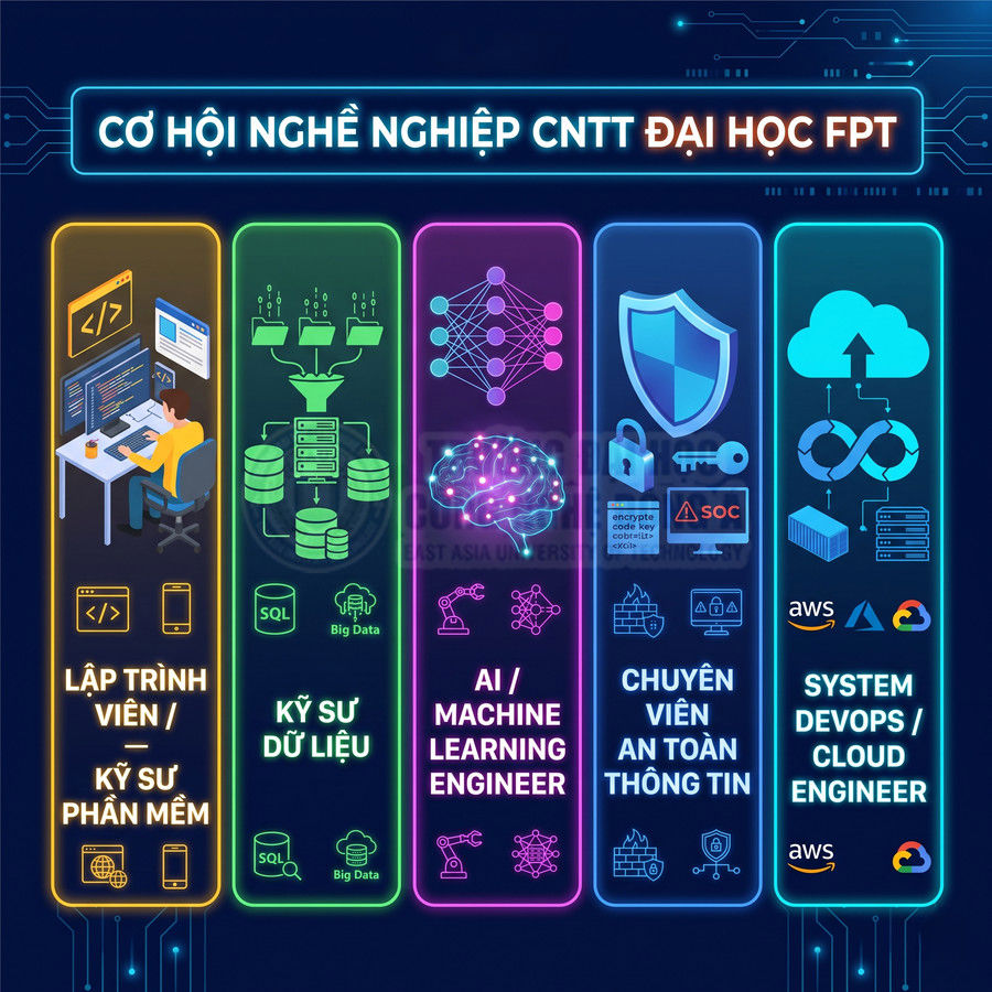 Cơ hội nghề nghiệp CNTT tại Đại học FPT với các vị trí lập trình viên, kỹ sư dữ liệu, AI, an toàn thông tin, DevOps