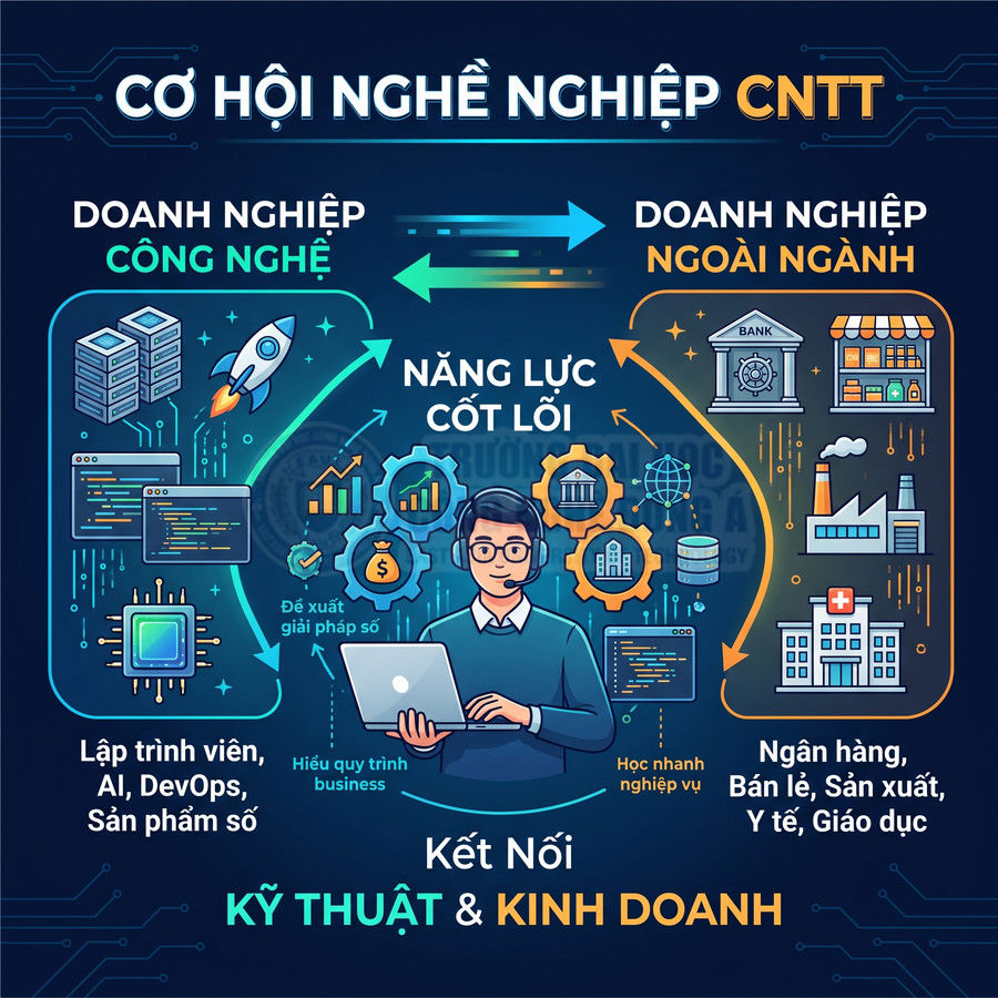 Infographic cơ hội nghề nghiệp CNTT, kỹ sư công nghệ kết nối kỹ thuật và kinh doanh cho nhiều lĩnh vực