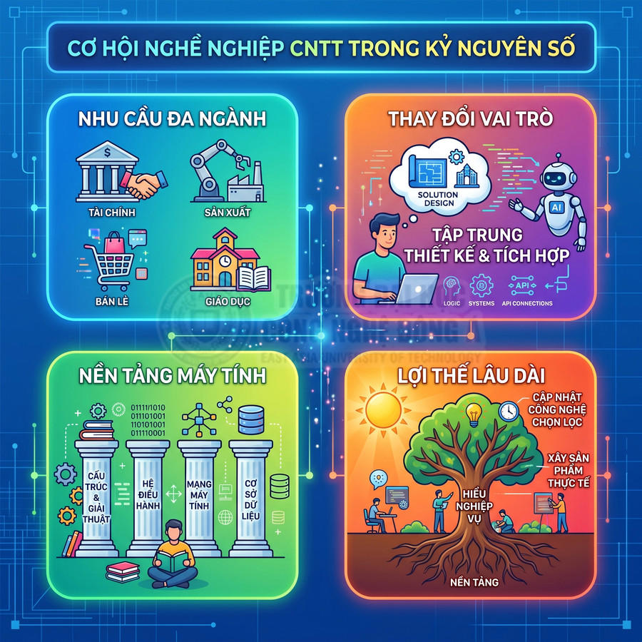 Infographic cơ hội nghề nghiệp CNTT trong kỷ nguyên số với nhu cầu đa ngành, nền tảng máy tính và lợi thế lâu dài