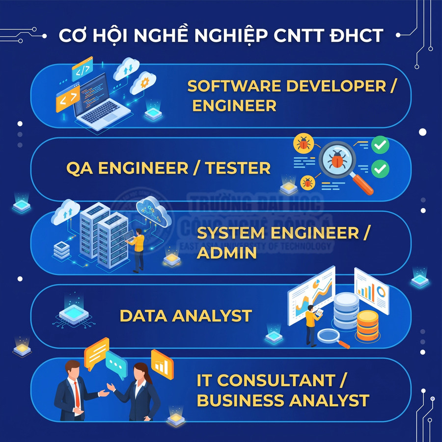 Các vị trí nghề nghiệp ngành CNTT như developer, QA, system engineer, data analyst, IT consultant