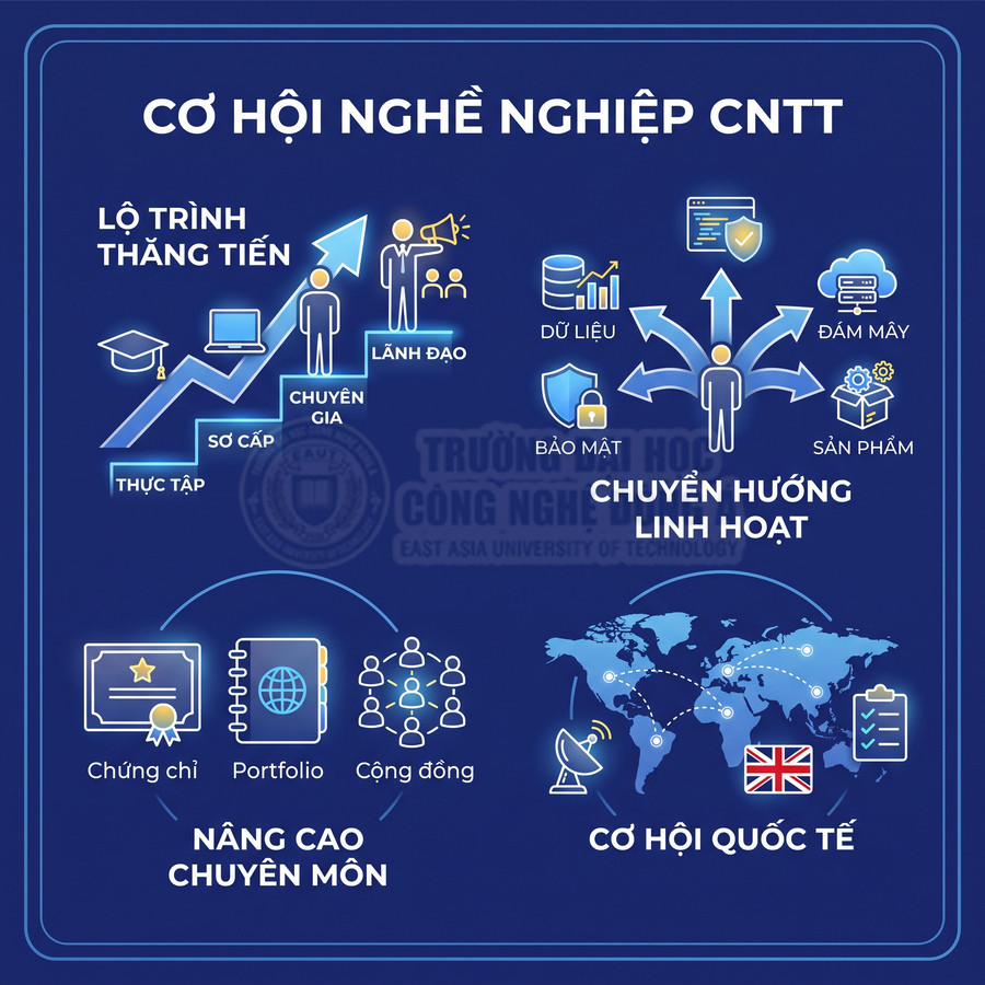 Infographic cơ hội nghề nghiệp CNTT với lộ trình thăng tiến, chuyên ngành dữ liệu, bảo mật, đám mây và cơ hội quốc tế