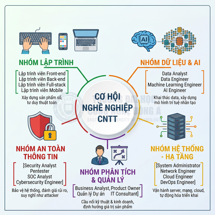 Cơ hội nghề nghiệp ngành CNTT với các nhóm lập trình, dữ liệu AI, an toàn thông tin, phân tích quản lý, hệ thống hạ tầng