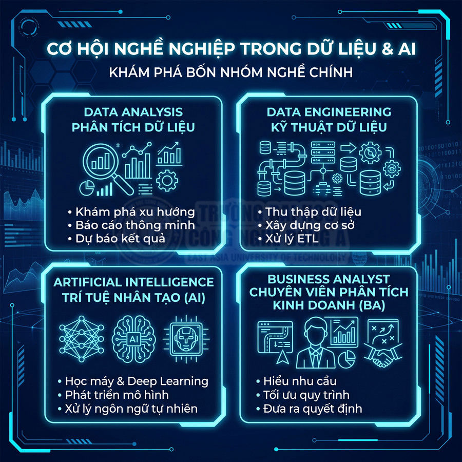Infographic cơ hội nghề nghiệp trong dữ liệu và AI với bốn nhóm nghề Data Analysis, Data Engineering, AI, Business Analyst