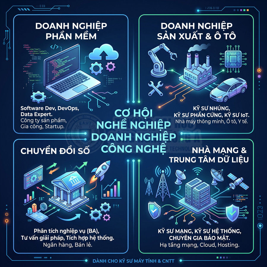 Infographic cơ hội nghề nghiệp doanh nghiệp công nghệ cho kỹ sư máy tính và CNTT trong nhiều lĩnh vực khác nhau
