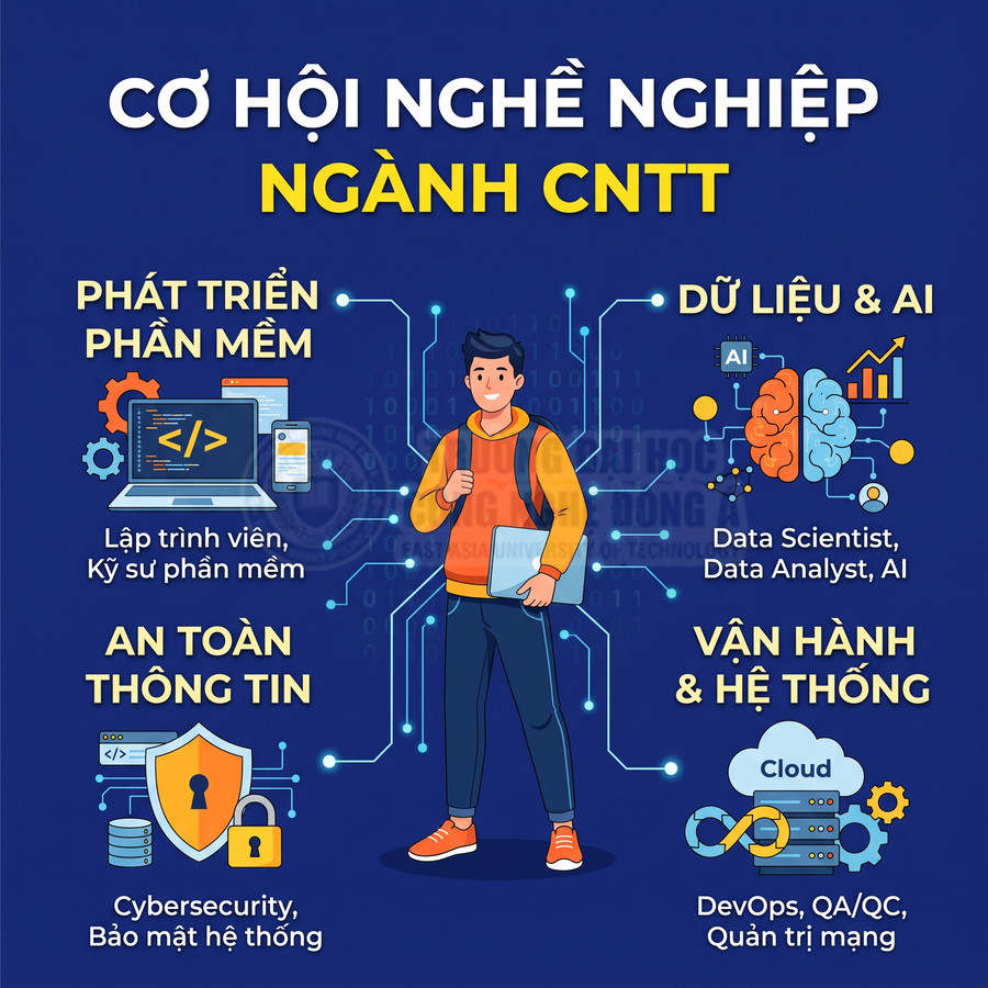 Minh họa cơ hội nghề nghiệp ngành CNTT với các lĩnh vực phát triển phần mềm, dữ liệu và AI, an toàn thông tin, vận hành hệ thống