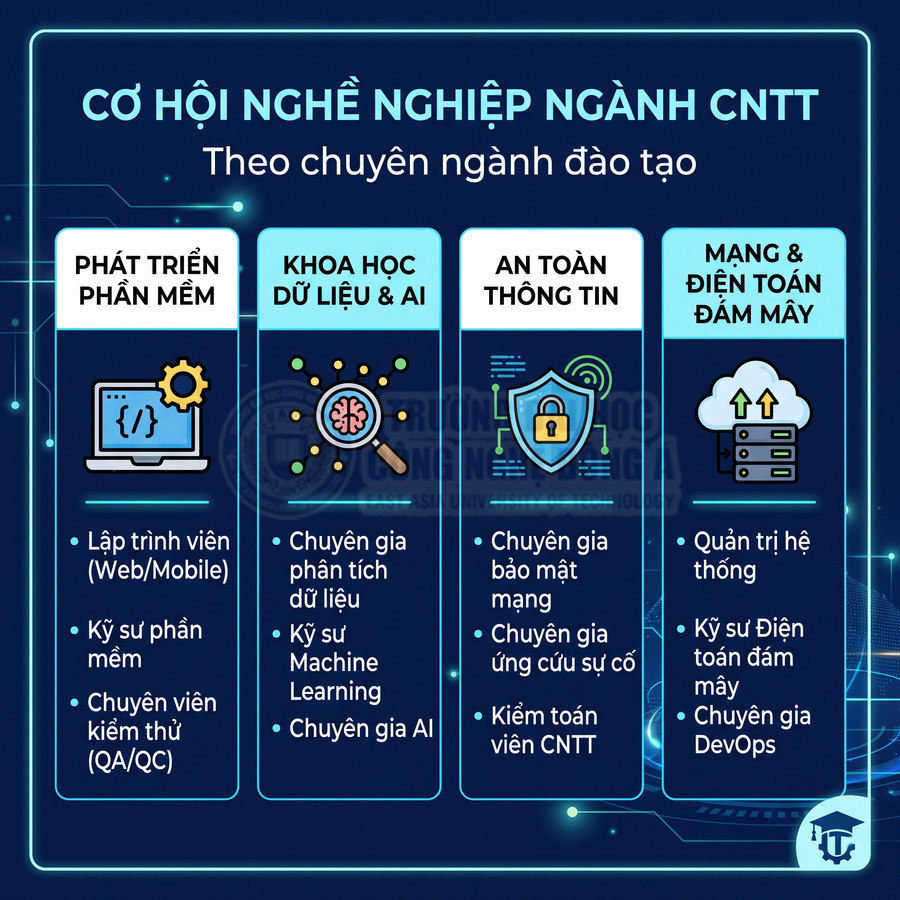 Cơ hội nghề nghiệp ngành CNTT theo chuyên ngành đào tạo: phần mềm, khoa học dữ liệu, an toàn thông tin, điện toán đám mây