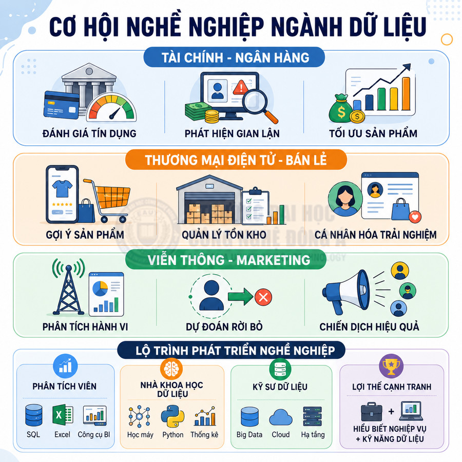 Infographic cơ hội nghề nghiệp ngành dữ liệu trong tài chính, thương mại điện tử, viễn thông và lộ trình phát triển nghề nghiệp