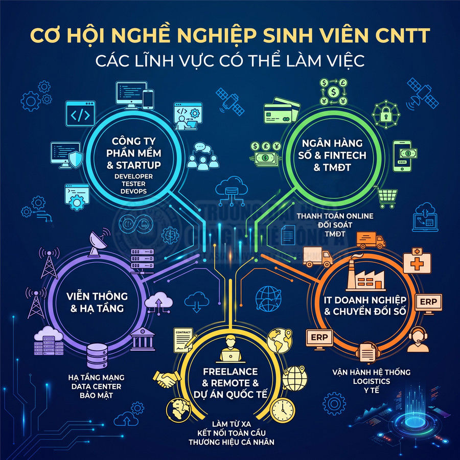 Infographic cơ hội nghề nghiệp cho sinh viên CNTT với các lĩnh vực phần mềm, ngân hàng số, viễn thông, doanh nghiệp và freelance
