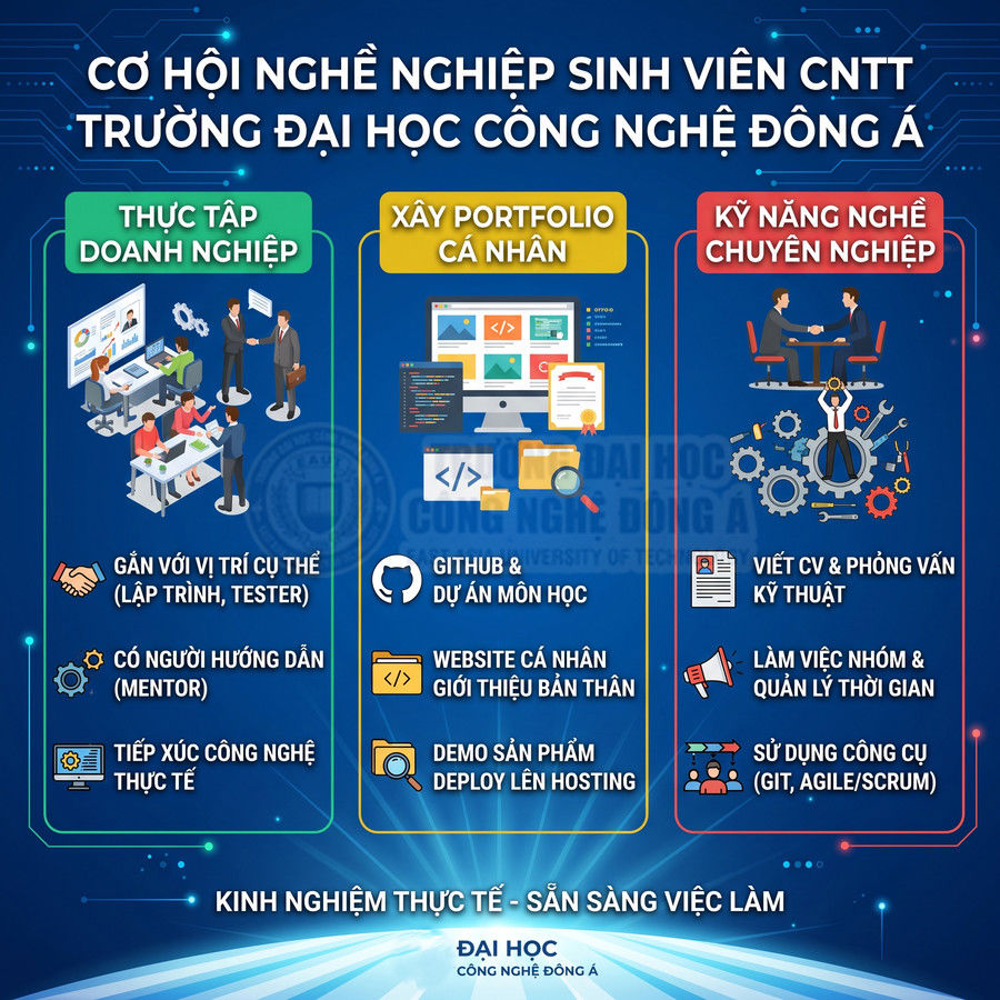 Infographic cơ hội nghề nghiệp sinh viên CNTT tại Đại học Công nghệ Đông Á với thực tập, portfolio và kỹ năng chuyên nghiệp