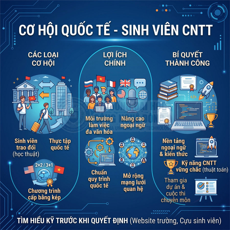 Infographic cơ hội quốc tế cho sinh viên CNTT với các loại cơ hội, lợi ích chính và bí quyết thành công