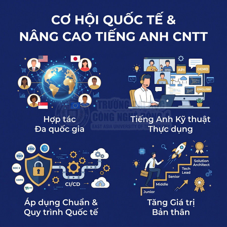 Poster cơ hội quốc tế và nâng cao tiếng Anh CNTT với hợp tác đa quốc gia và chuẩn quy trình quốc tế