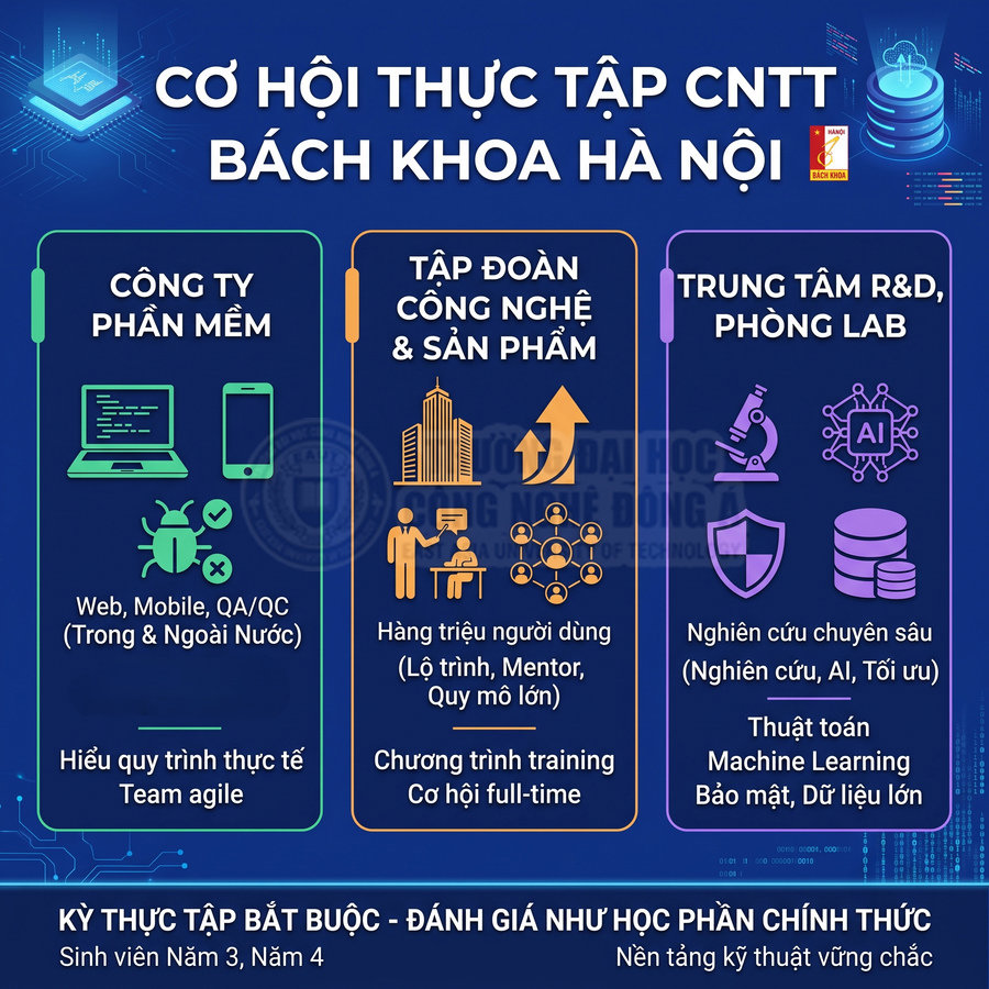 Poster cơ hội thực tập CNTT tại Bách Khoa Hà Nội với công ty phần mềm, tập đoàn công nghệ và trung tâm R&D