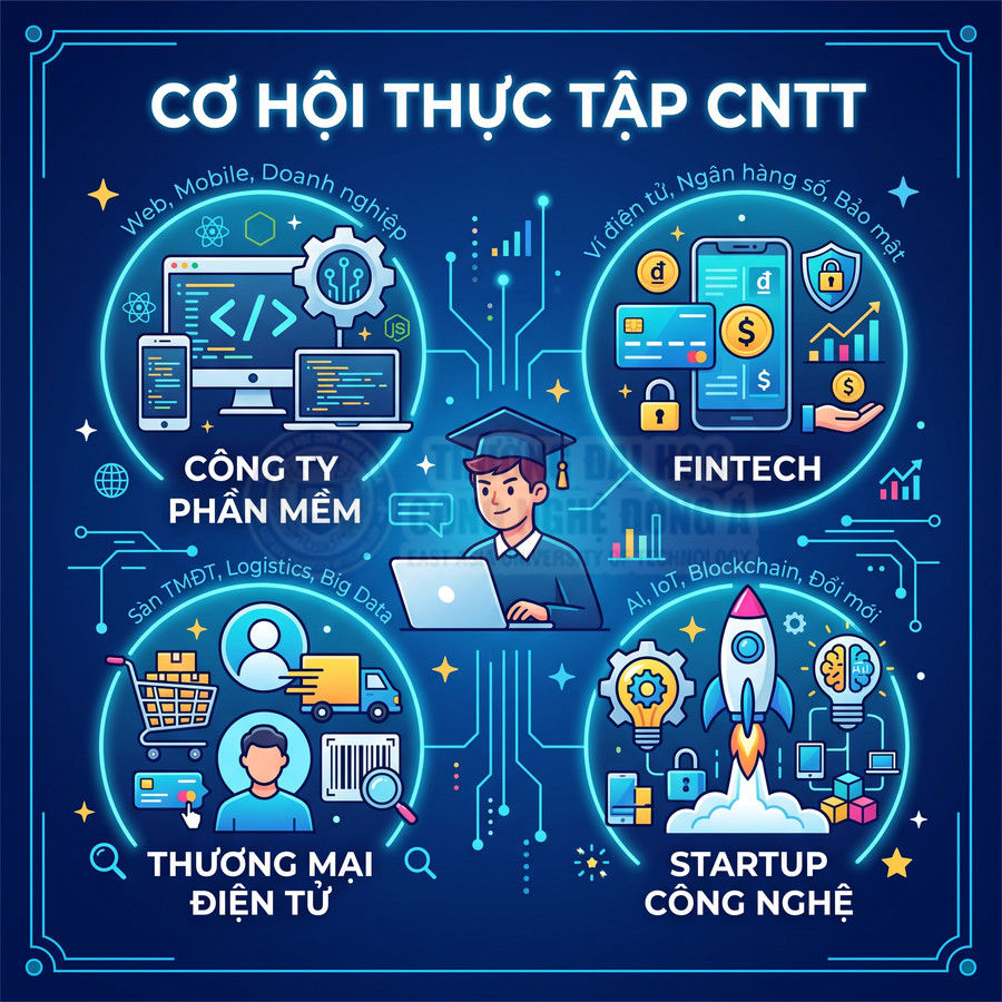 Cơ hội thực tập CNTT với các lĩnh vực công ty phần mềm, fintech, thương mại điện tử và startup công nghệ