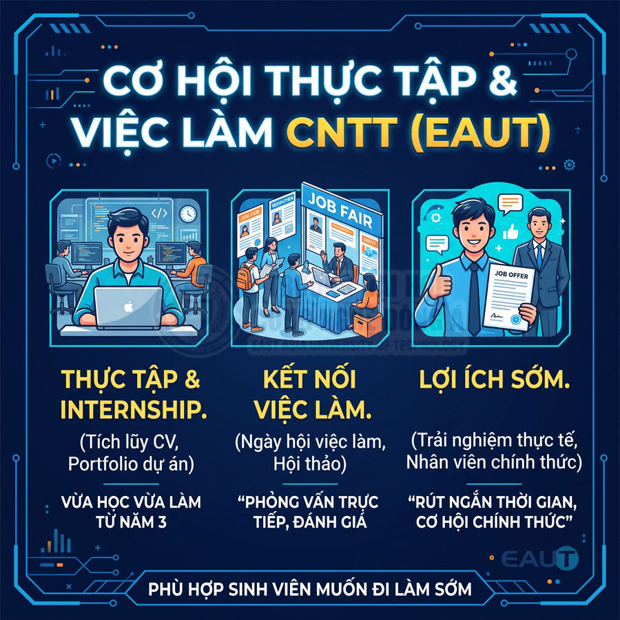 Poster cơ hội thực tập và việc làm CNTT EAUT với hình minh họa sinh viên, ngày hội việc làm và nhận job offer