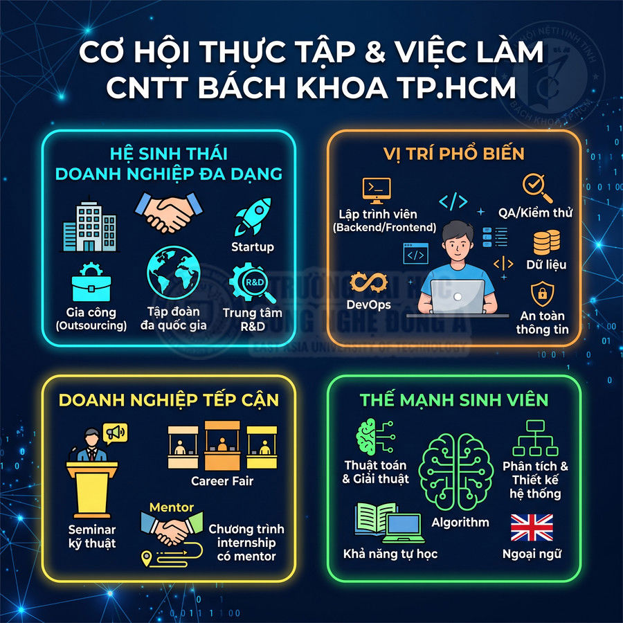 Infographic cơ hội thực tập và việc làm ngành CNTT Bách Khoa TP.HCM với hệ sinh thái doanh nghiệp và vị trí phổ biến