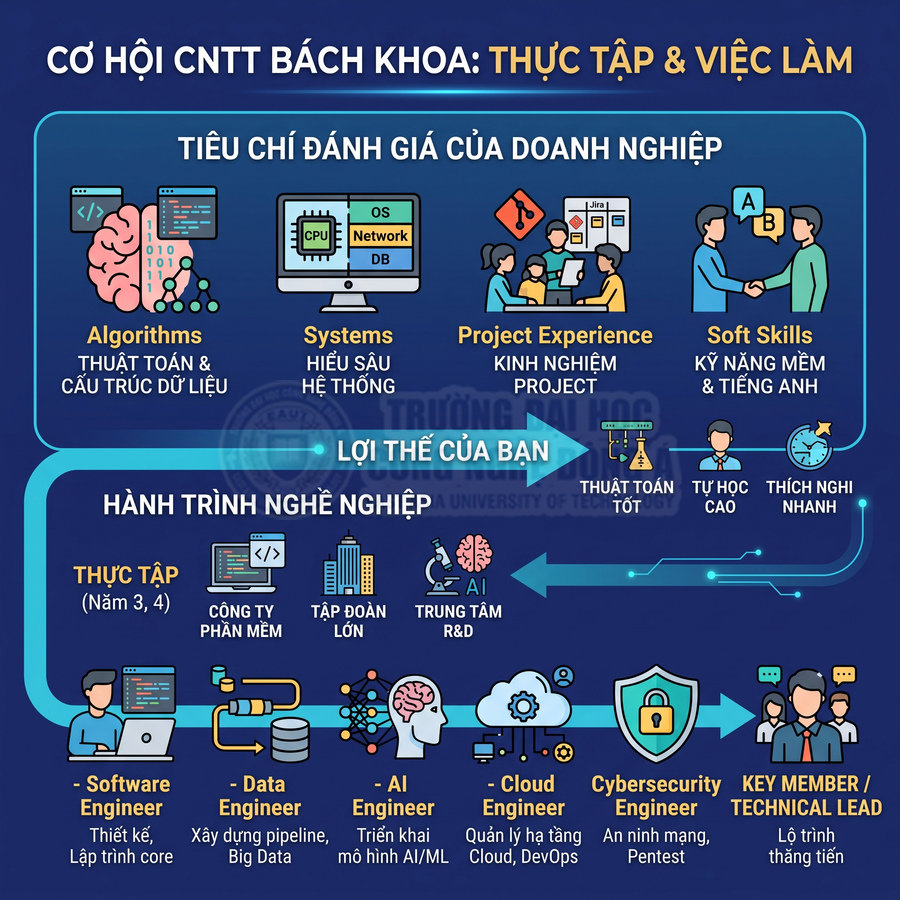 Infographic cơ hội thực tập và việc làm ngành CNTT Bách Khoa với lộ trình nghề nghiệp và kỹ năng cần có