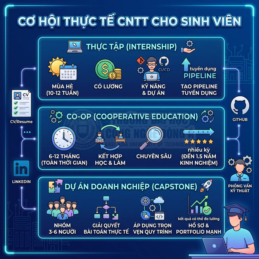 Infographic cơ hội thực tế CNTT cho sinh viên với thực tập co-op và dự án doanh nghiệp capstone