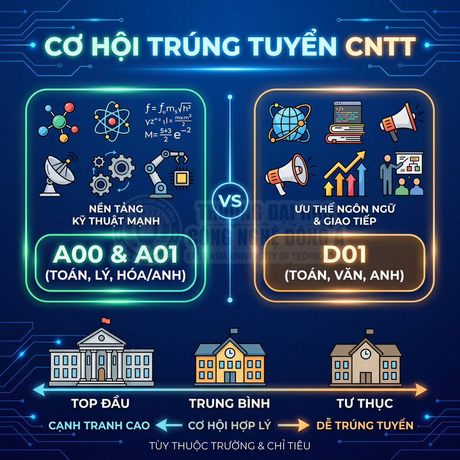 So sánh cơ hội trúng tuyển CNTT giữa khối A00 A01 nền tảng kỹ thuật và khối D01 thế mạnh ngôn ngữ