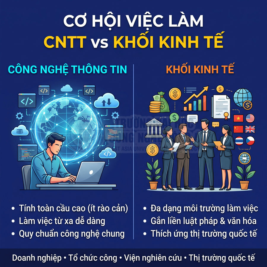 So sánh cơ hội việc làm ngành công nghệ thông tin và khối kinh tế qua hình minh họa lập trình viên và nhóm chuyên gia kinh doanh