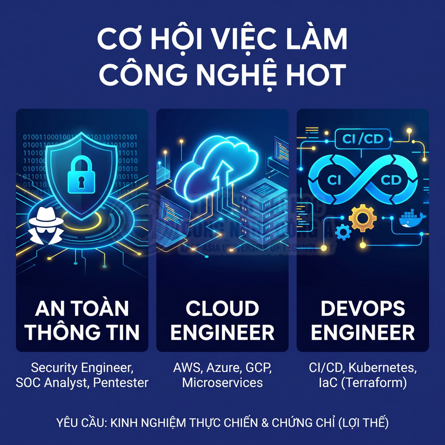 Banner tuyển dụng việc làm công nghệ hot cho vị trí An toàn thông tin, Cloud Engineer và DevOps Engineer