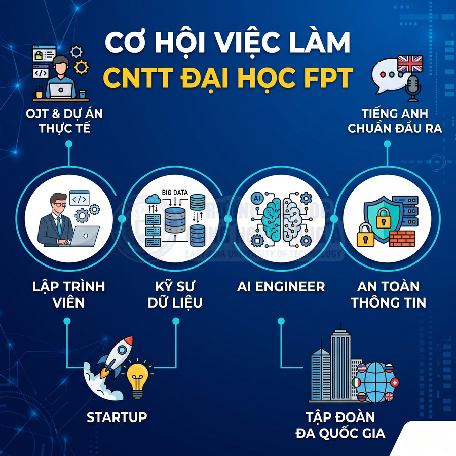 Cơ hội việc làm ngành CNTT Đại học FPT với các vị trí lập trình viên, kỹ sư dữ liệu, AI engineer, an toàn thông tin