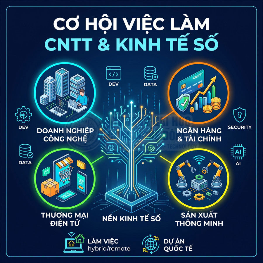 Cơ hội việc làm ngành CNTT và kinh tế số trong doanh nghiệp công nghệ, ngân hàng, thương mại điện tử, sản xuất thông minh