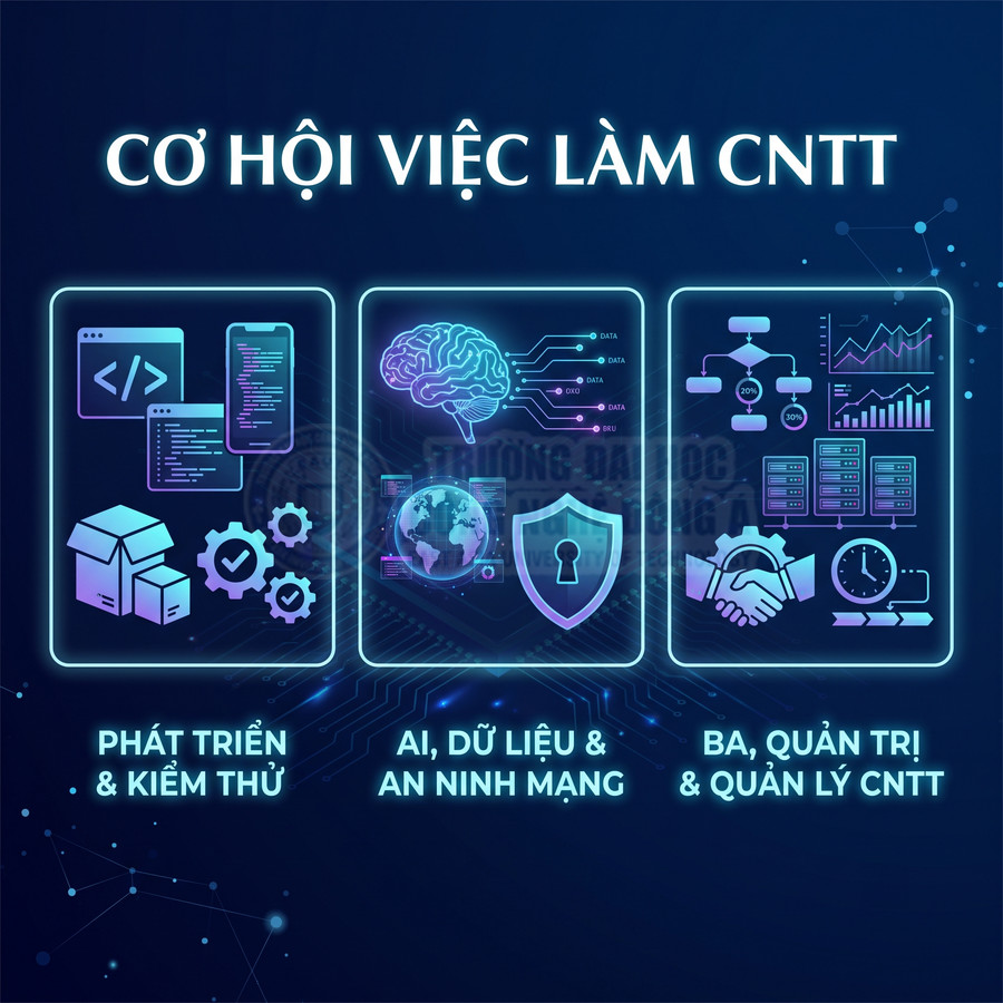 Cơ hội việc làm CNTT với các mảng phát triển kiểm thử, AI dữ liệu an ninh mạng, BA quản trị và quản lý CNTT