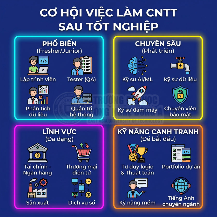 Infographic cơ hội việc làm ngành CNTT sau tốt nghiệp với các vị trí, lĩnh vực và kỹ năng cần thiết