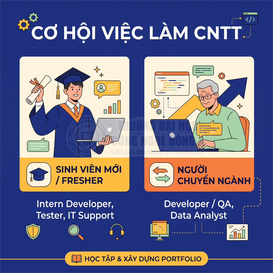 Cơ hội việc làm CNTT cho sinh viên mới và người chuyển ngành với các vị trí developer, tester, QA, data analyst