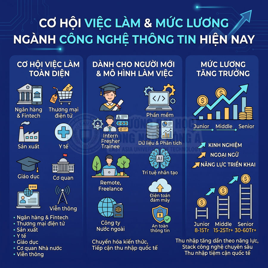 Infographic cơ hội việc làm và mức lương ngành công nghệ thông tin với các lĩnh vực, vị trí và lộ trình thu nhập