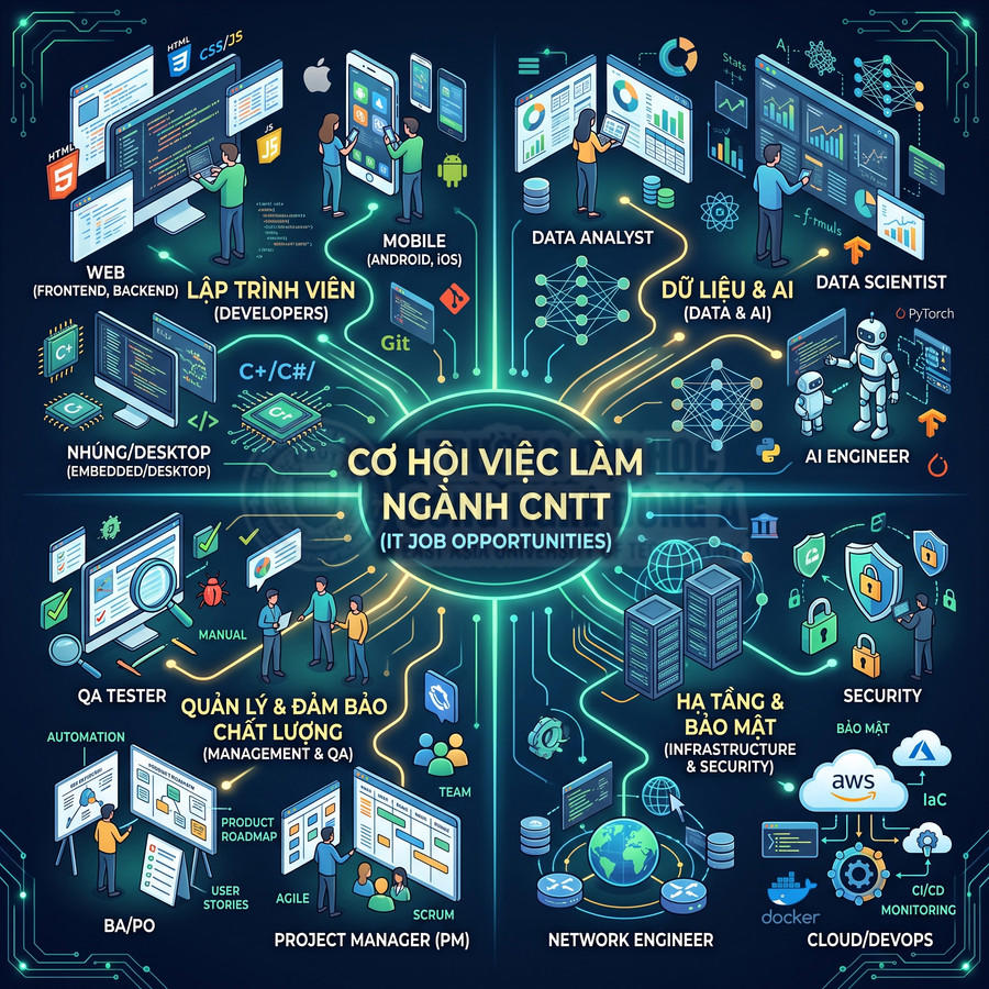 Cơ hội việc làm ngành CNTT với các vị trí lập trình viên, data, AI, QA, quản lý dự án, hạ tầng và bảo mật
