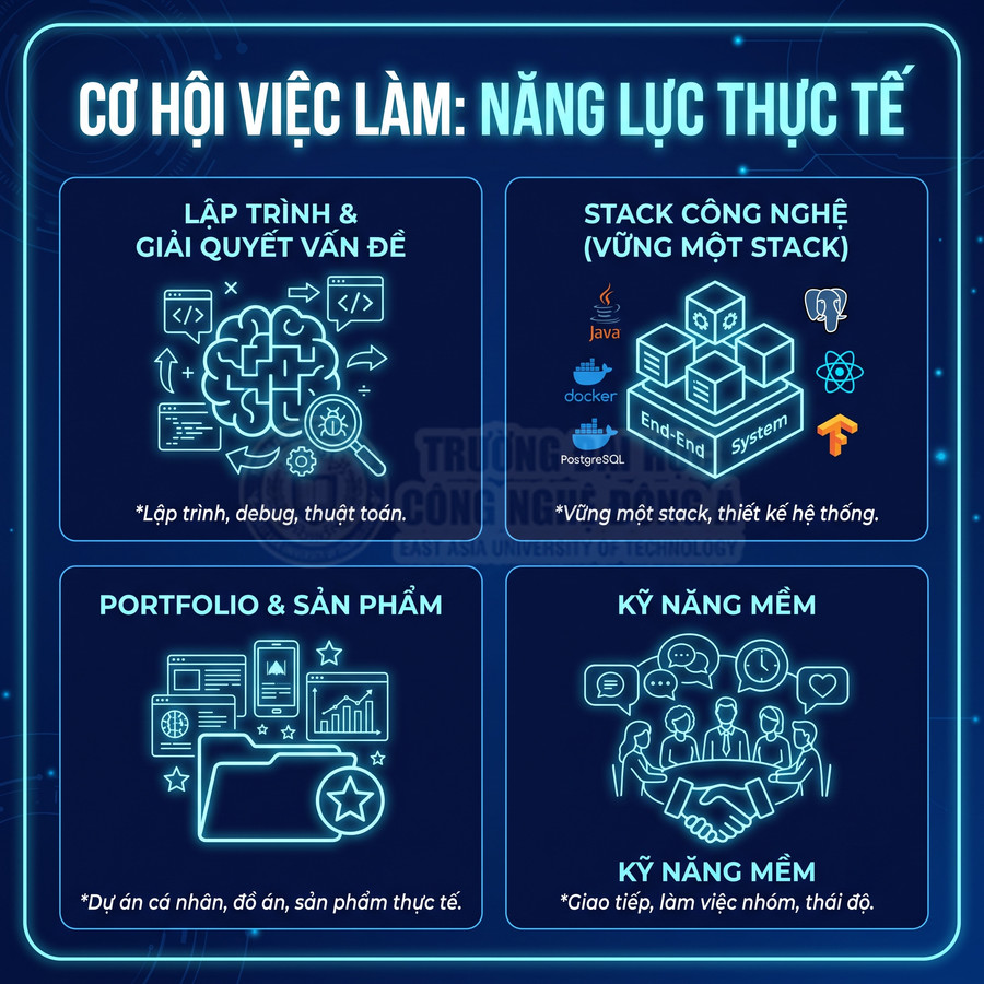 Infographic cơ hội việc làm ngành công nghệ thông tin với kỹ năng lập trình, stack công nghệ, portfolio và kỹ năng mềm