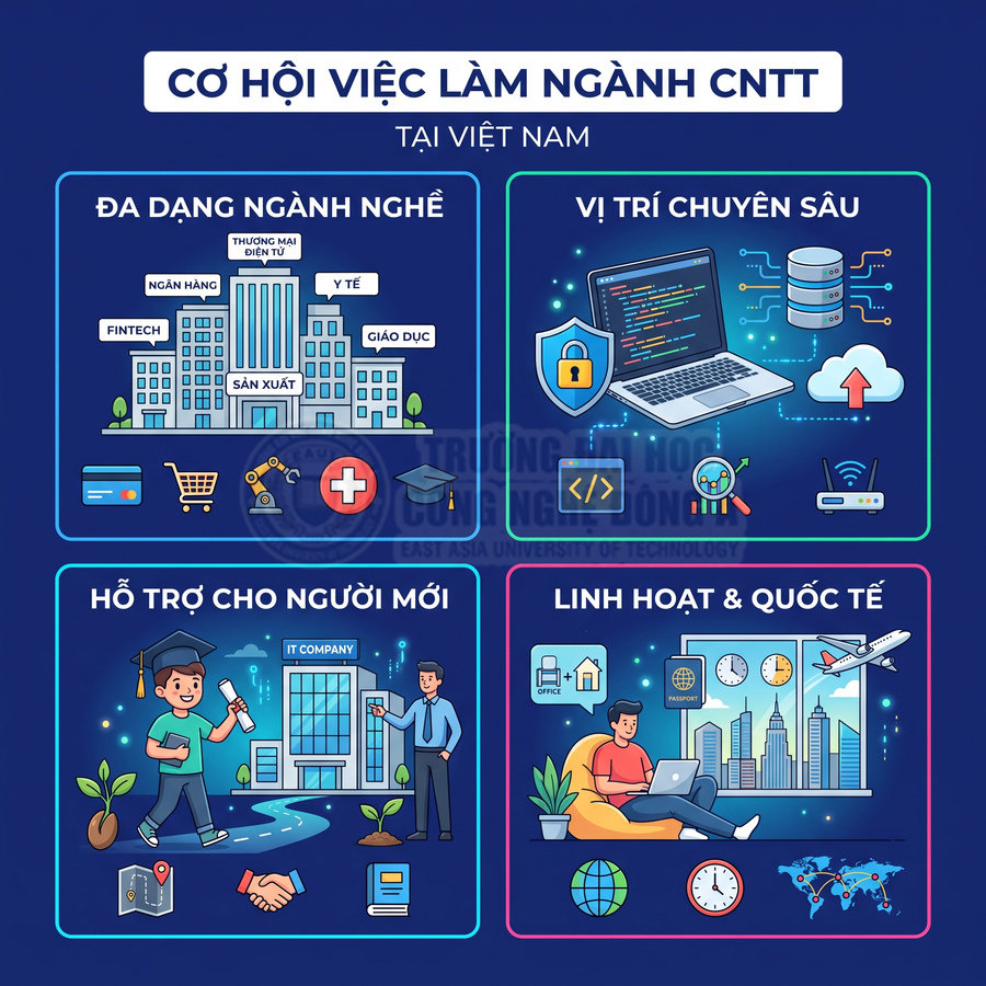 Infographic cơ hội việc làm ngành công nghệ thông tin tại Việt Nam với nhiều vị trí và môi trường làm việc linh hoạt