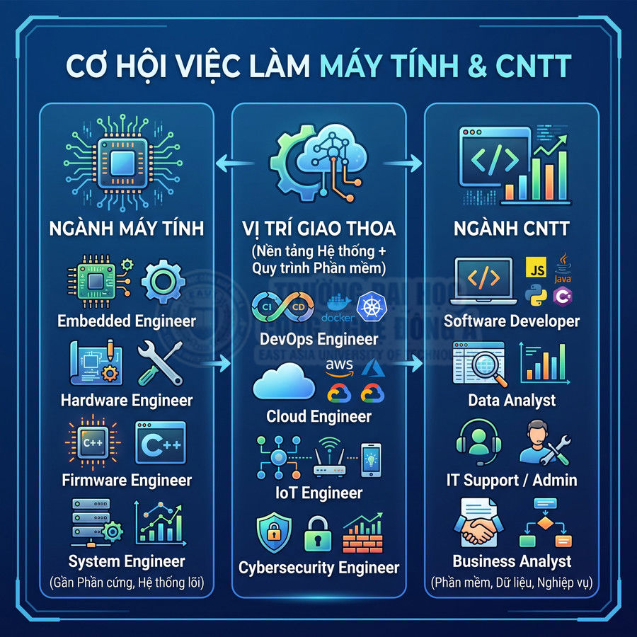 Infographic cơ hội việc làm ngành máy tính và CNTT với các vị trí engineer, developer, analyst, IT support