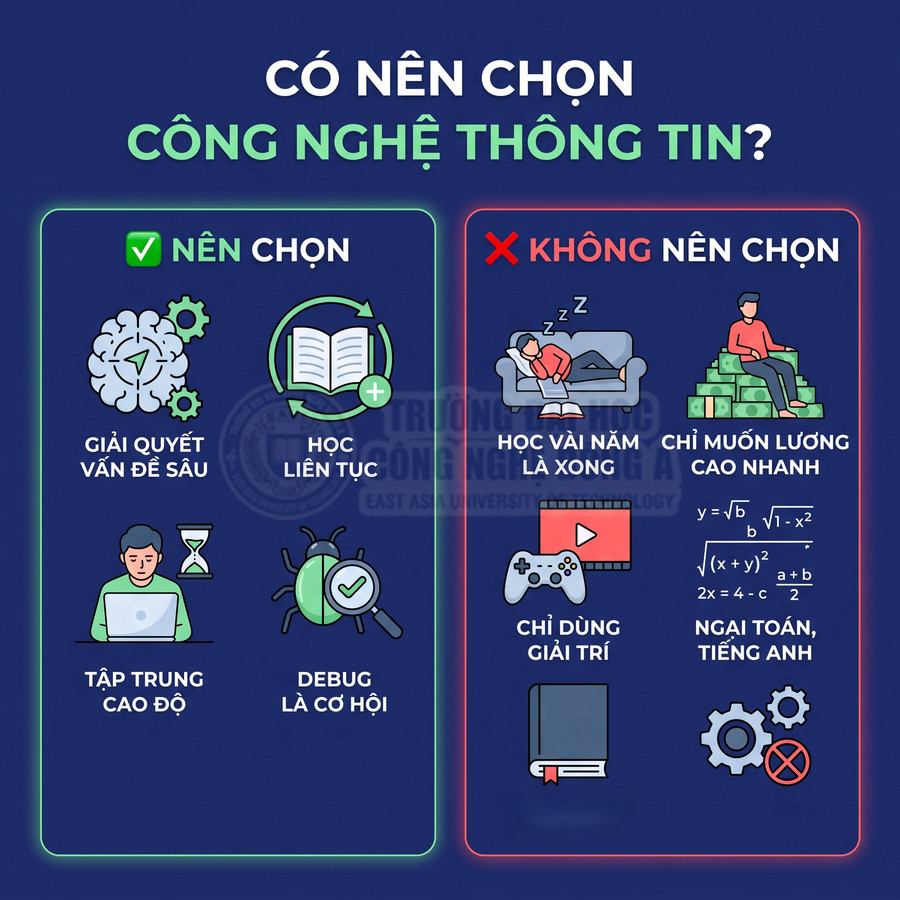 Infographic tiêu chí nên chọn và không nên chọn ngành công nghệ thông tin cho học sinh, sinh viên
