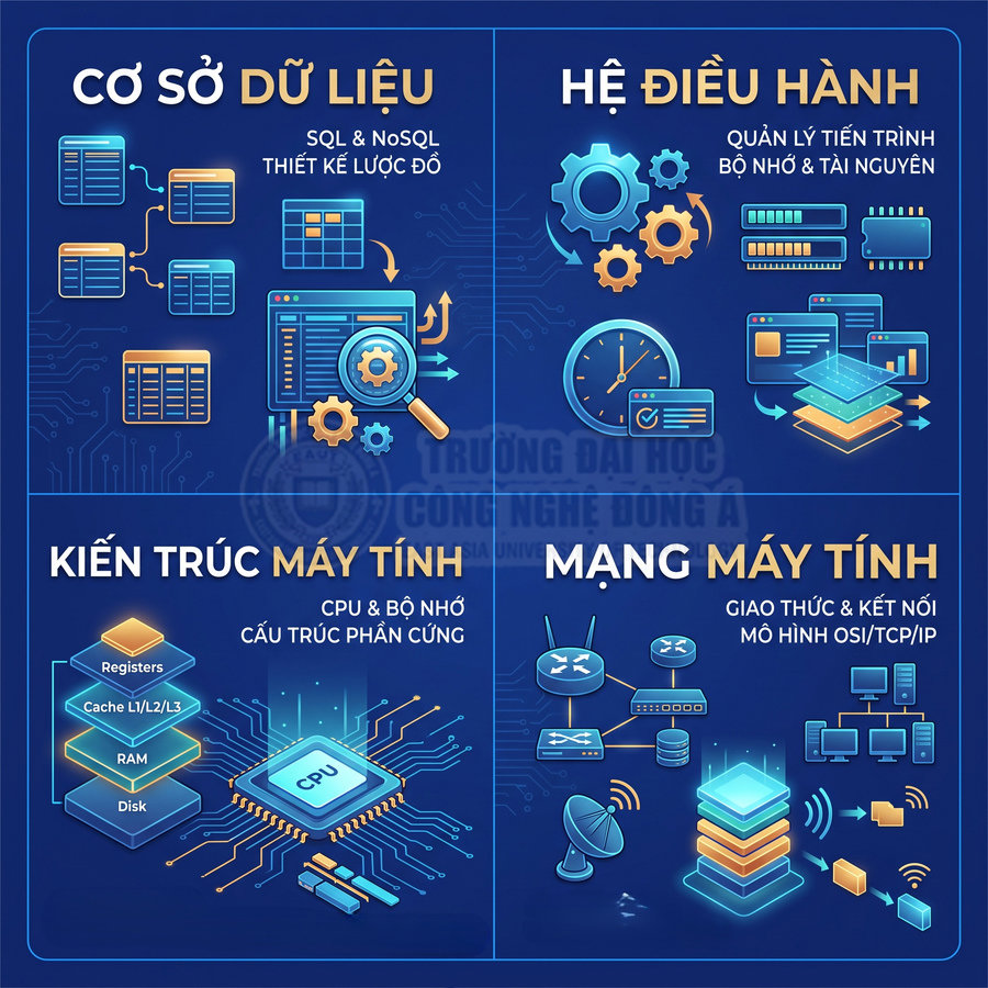 Poster minh họa các chủ đề cơ sở dữ liệu, hệ điều hành, kiến trúc máy tính và mạng máy tính
