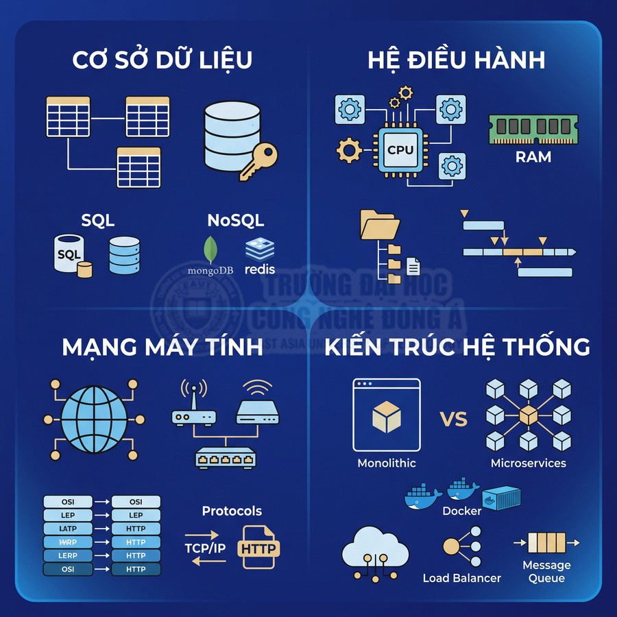 Sơ đồ kiến thức backend gồm cơ sở dữ liệu SQL NoSQL, hệ điều hành, mạng máy tính và kiến trúc hệ thống Monolithic Microservices