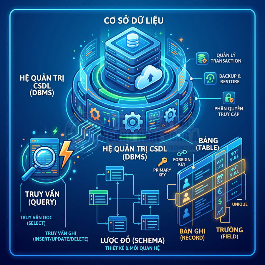 Minh họa hệ quản trị cơ sở dữ liệu với bảng, bản ghi, trường, truy vấn và lược đồ quan hệ trực quan
