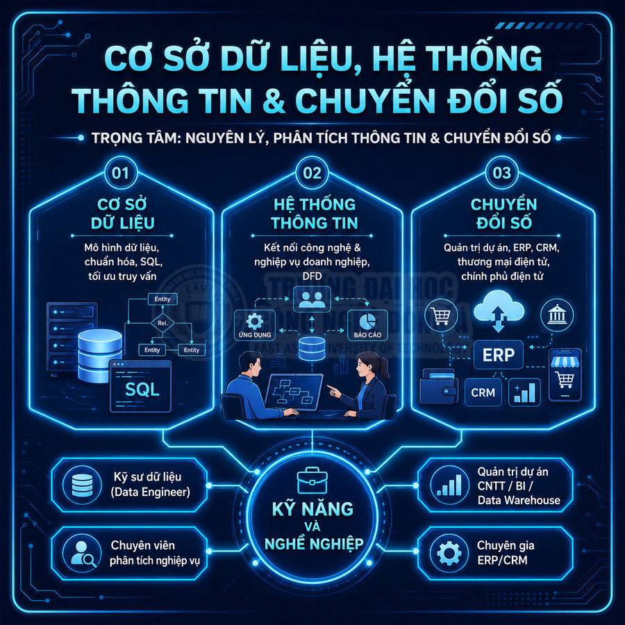 Infographic lộ trình học cơ sở dữ liệu hệ thống thông tin chuyển đổi số và kỹ năng nghề nghiệp CNTT